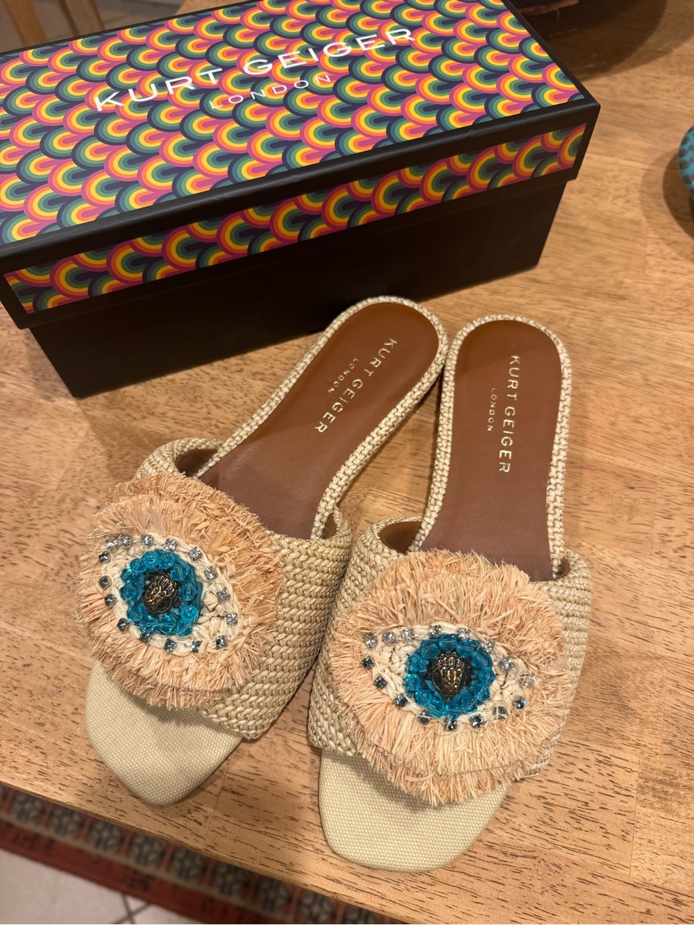 Kurt Geiger Beige Raffia Slide Mules with Blue Beaded Medallions W 9.5